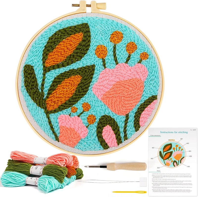 KESTAR Punch Needle Embroidery Starter Kits, Tulip Flower Punch Needle Kits for Adults Beginner, Needle Punch Kit Tool with Instruction Threader Fabric Yarns and Hoop - Image 1